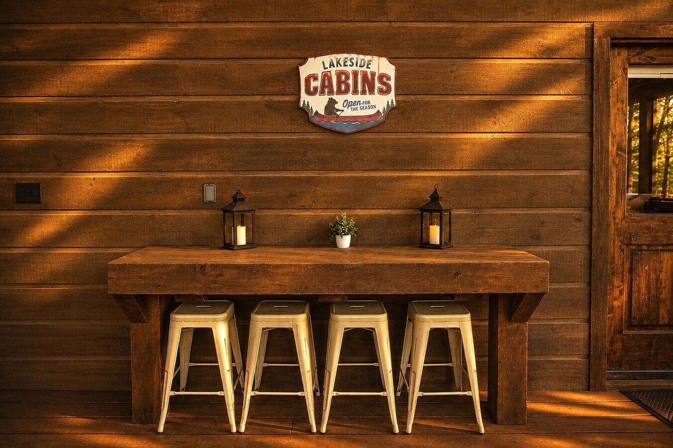 A wooden cabin interior with a sign reading 'Lakeside Cabins Open for the Season,' a wooden bar table, four stools, and two lanterns.