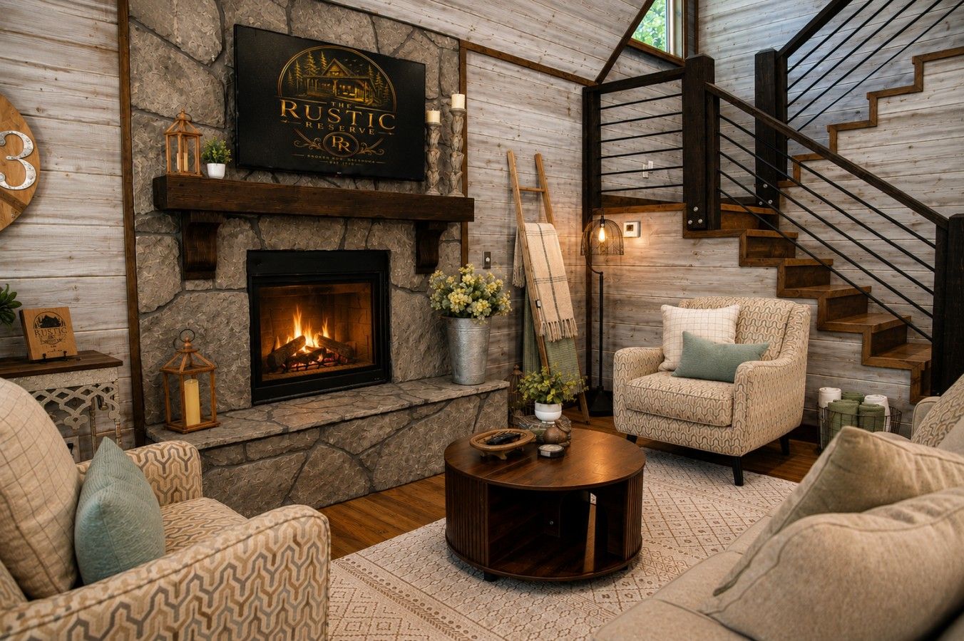 A cozy living room with a fireplace, a staircase, and a rustic sign.