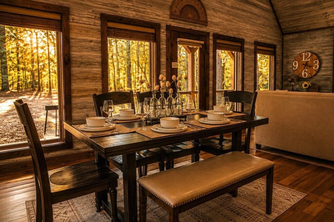A dining area with a wooden table set for four, surrounded by chairs, with a bench at the end.