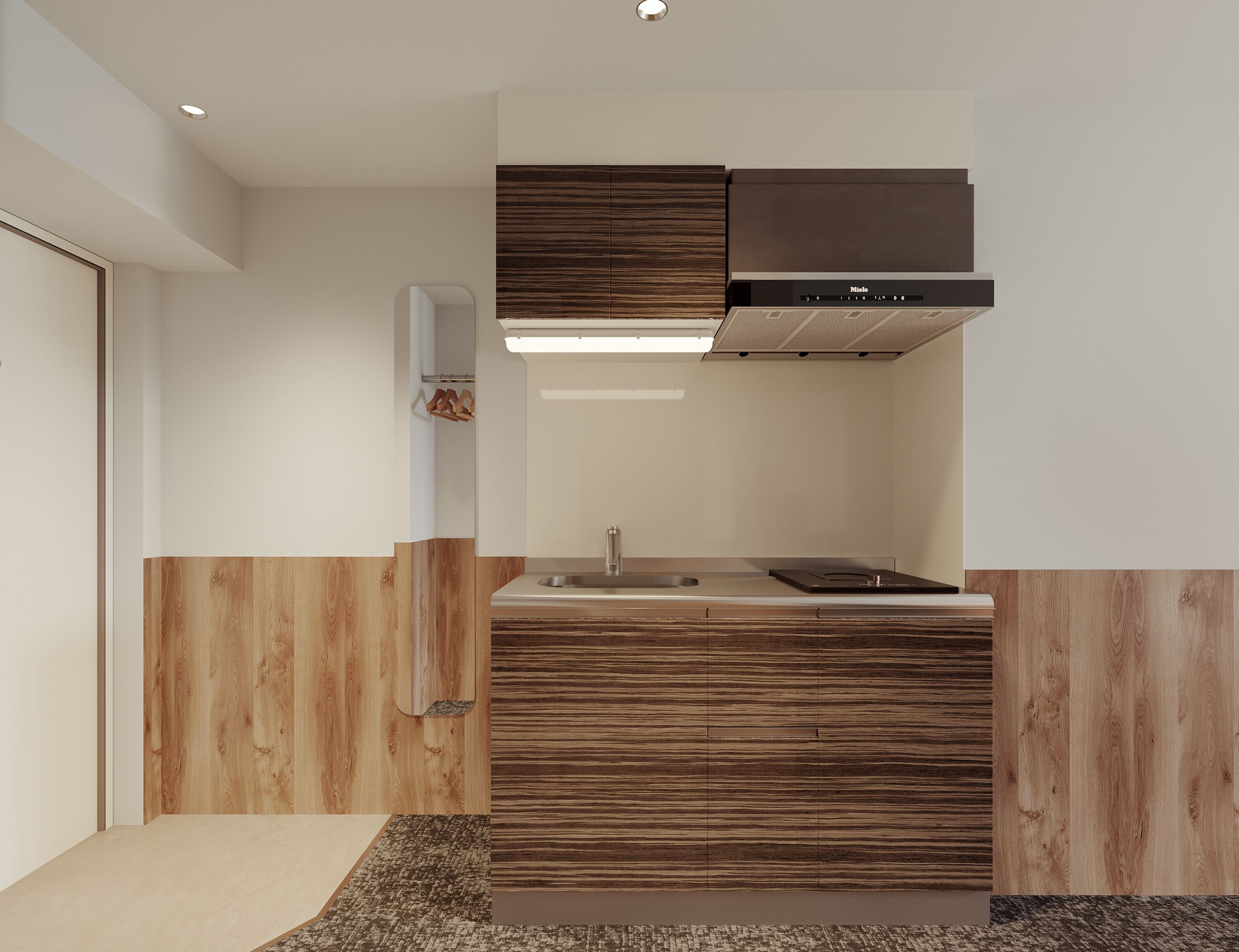 Een moderne keuken met een ingebouwde kookplaat, een gootsteen en houten keukenkastjes.
