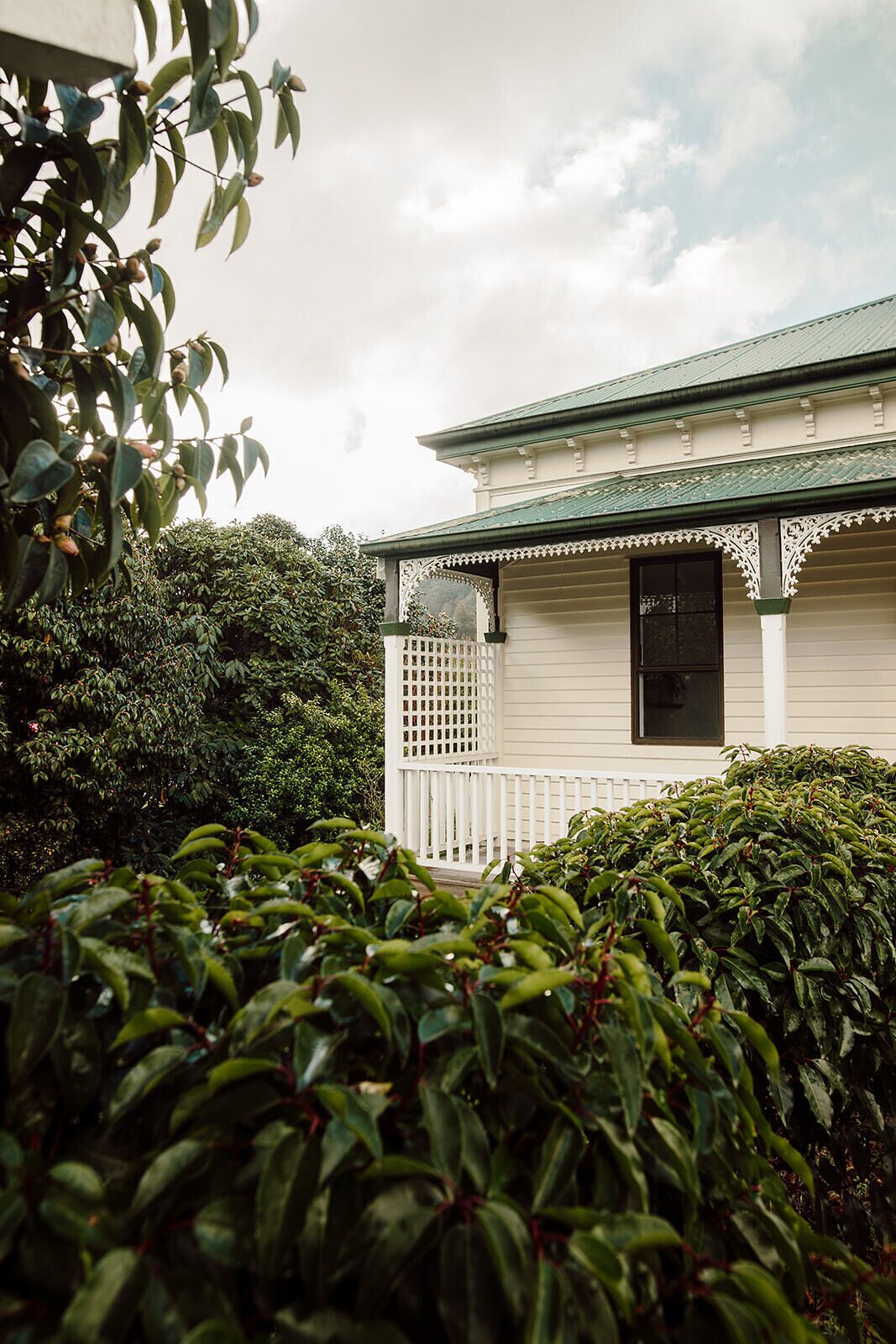 A white building with a green roof, a white porch with a lattice railing, and dense green foliage in the foreground.