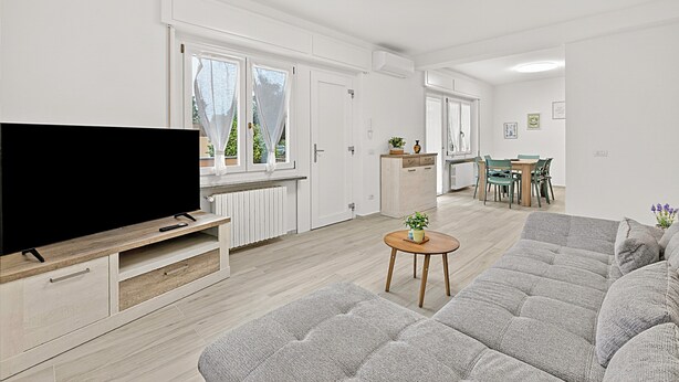 A modern living room with a flat-screen TV, a grey sofa, a small wooden coffee table, and a dining area with a table and chairs. - Diamond Lake Apartment 13918 (Angera)