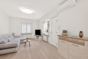 Ein modernes Wohnzimmer mit Sofa, Fernseher und einem kleinen Tisch mit einer Pflanze.