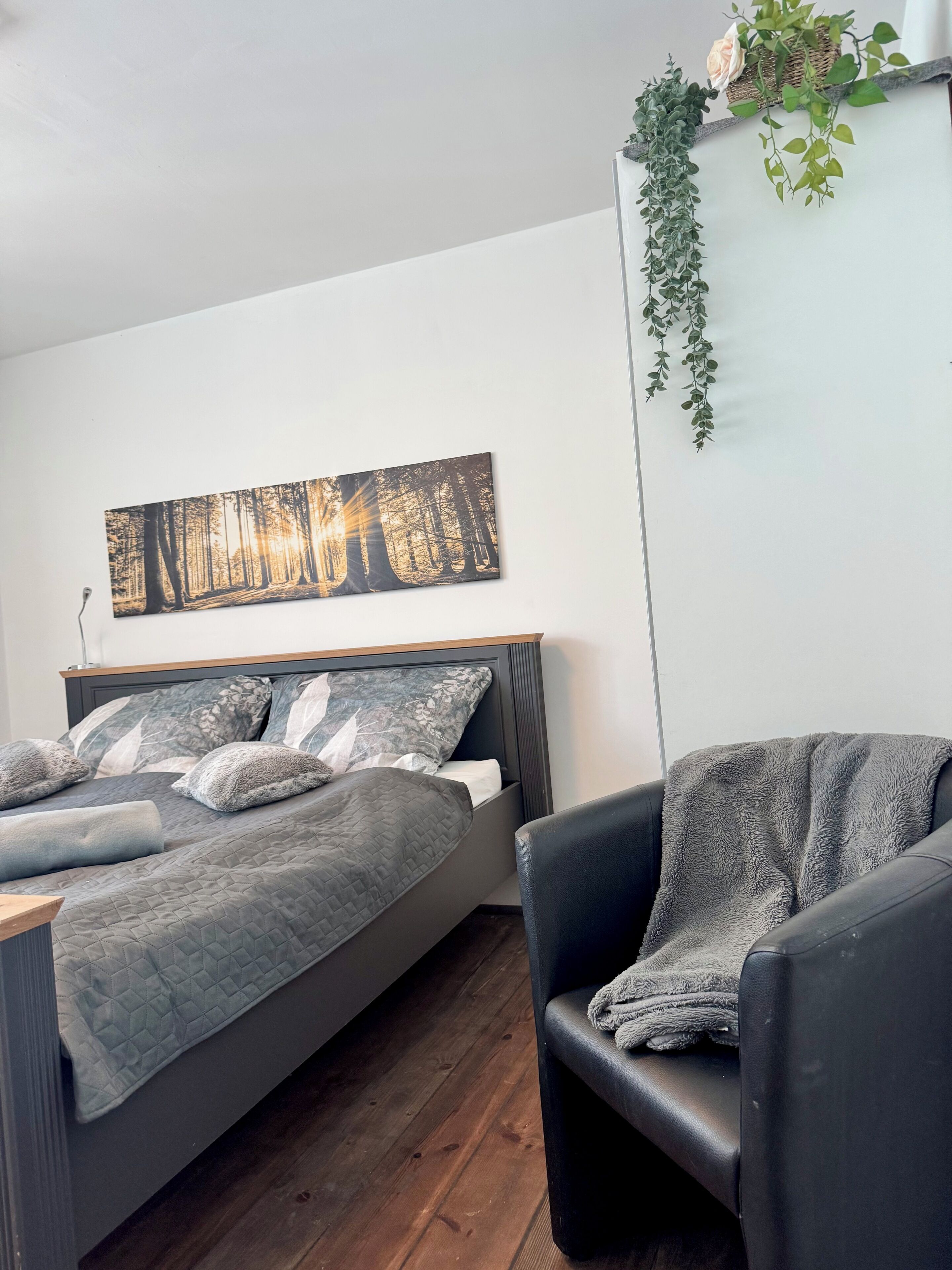 A bedroom with a bed, a chair, a wall-mounted plant, and a painting.