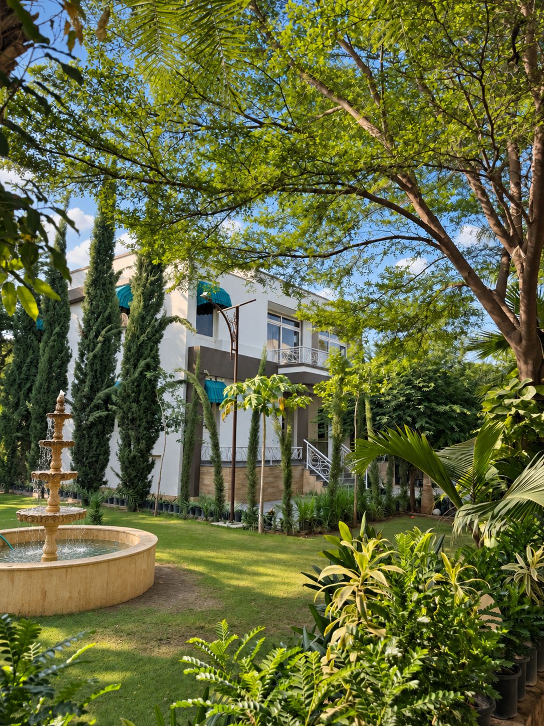 A courtyard with a fountain, lush greenery, and a building with a balcony.