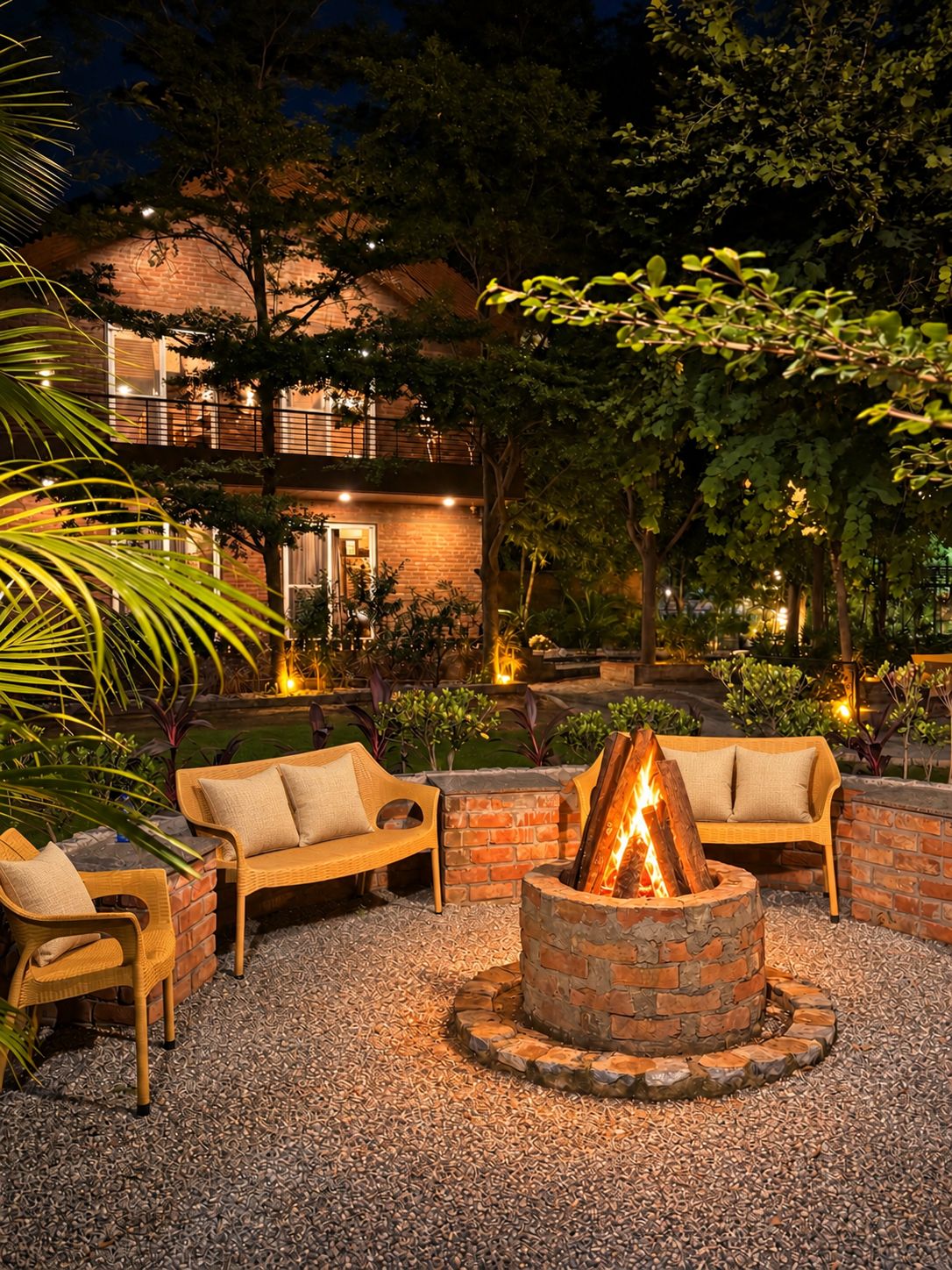 An outdoor seating area with wicker furniture and a central fire pit.