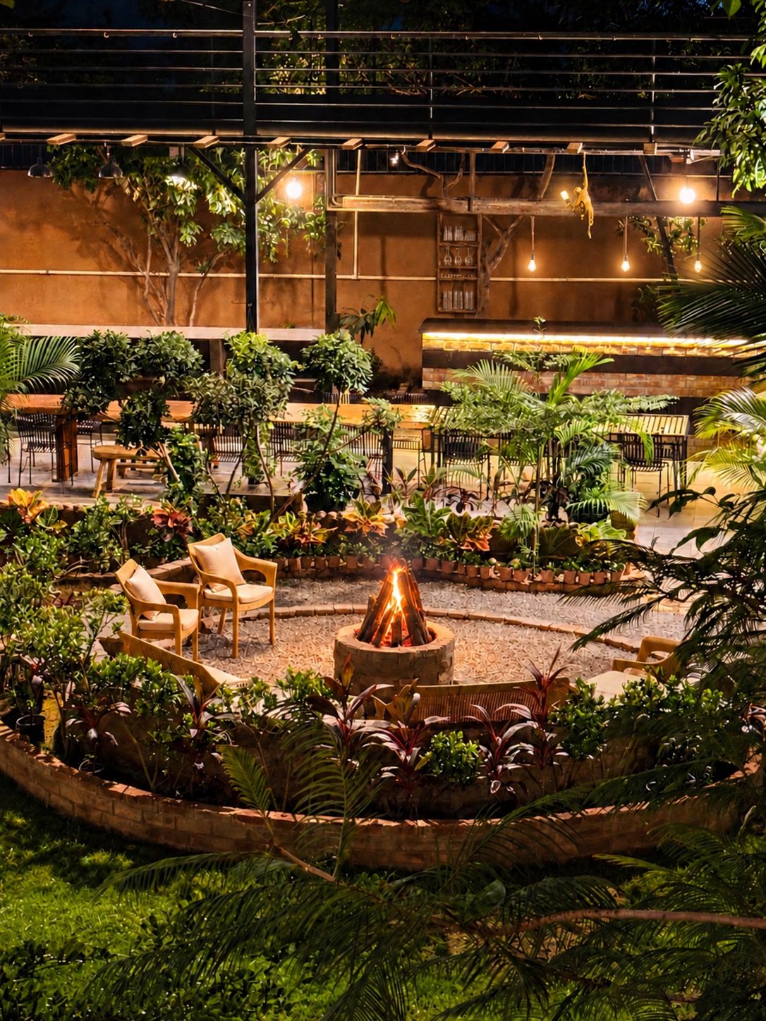An outdoor seating area with a fire pit surrounded by plants and furniture.