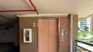 An elevator with a fire extinguisher mounted on the wall, a door with a number plate, and a view of a building with palm trees. - Waikiki 2BR 2BA 34th Fl Ocean View Sunset/Sunrise (Honolulu)