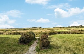 A rural landscape with a gravel path leading through a field, surrounded by low bushes and distant hills under a clear sky. - Gorgeous home in Rømø with sauna (Rømø)