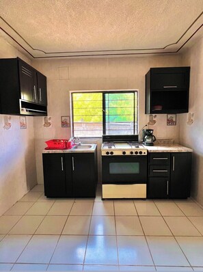Cocina compacta con estufa a gas, horno y ventana con vistas al verdor.