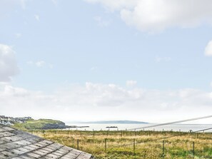 Une vue sur la côte, avec une zone herbeuse, une structure en bois et une ville située au loin.