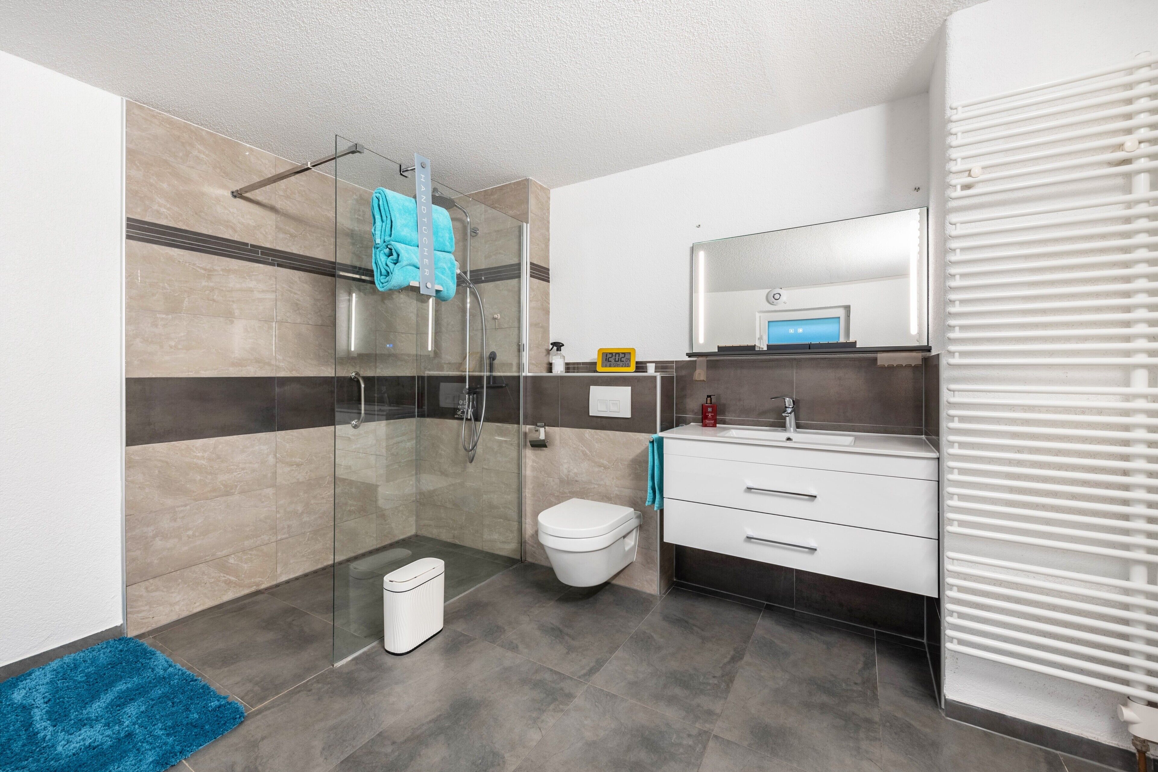 A modern bathroom with a glass-enclosed shower, a toilet, a sink with a mirror, and a towel rack.