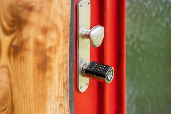 A door lock with a keypad.