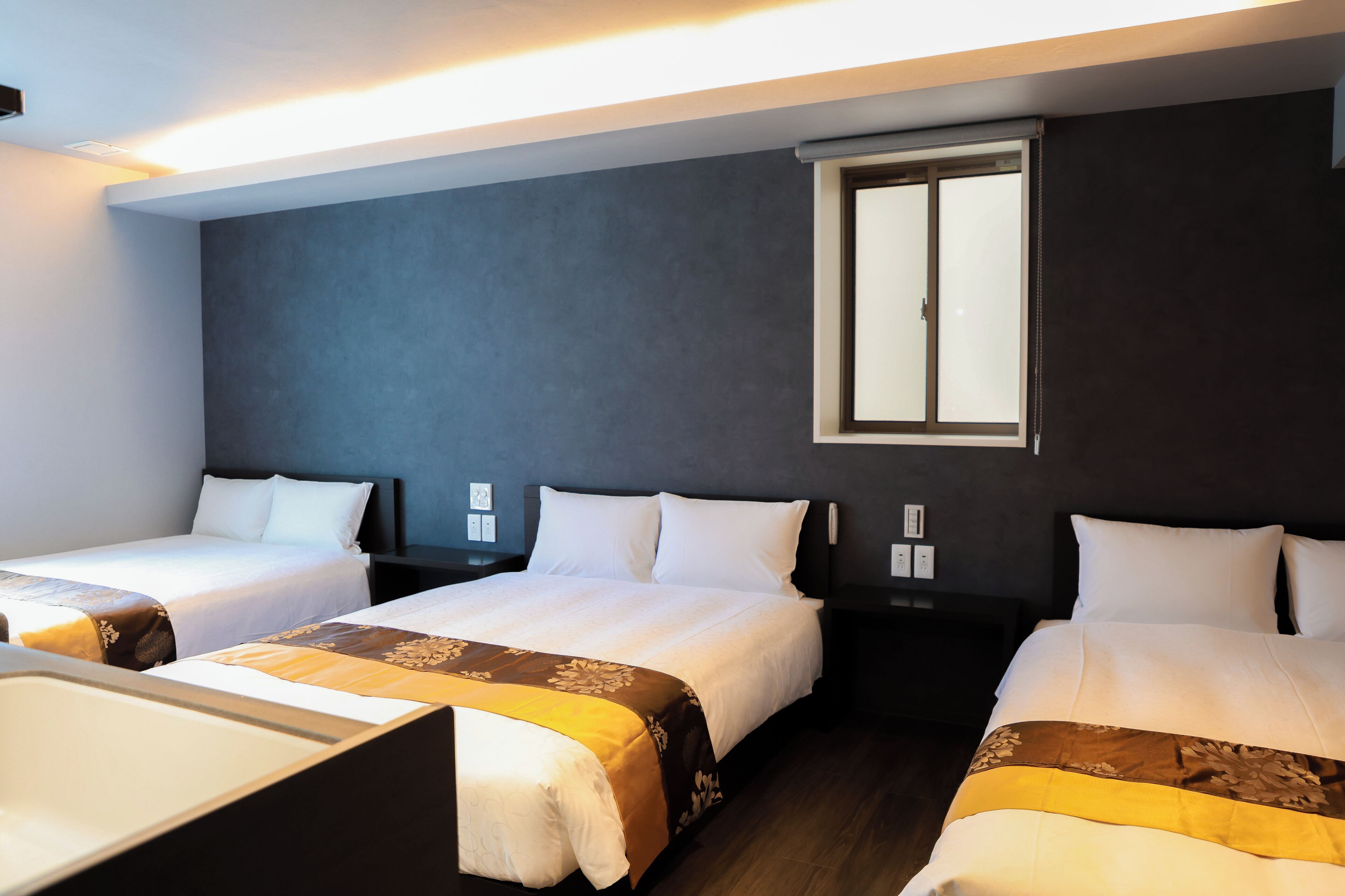 Une chambre d’hôtel avec deux lits simples, une grande fenêtre et un mur de couleur sombre.