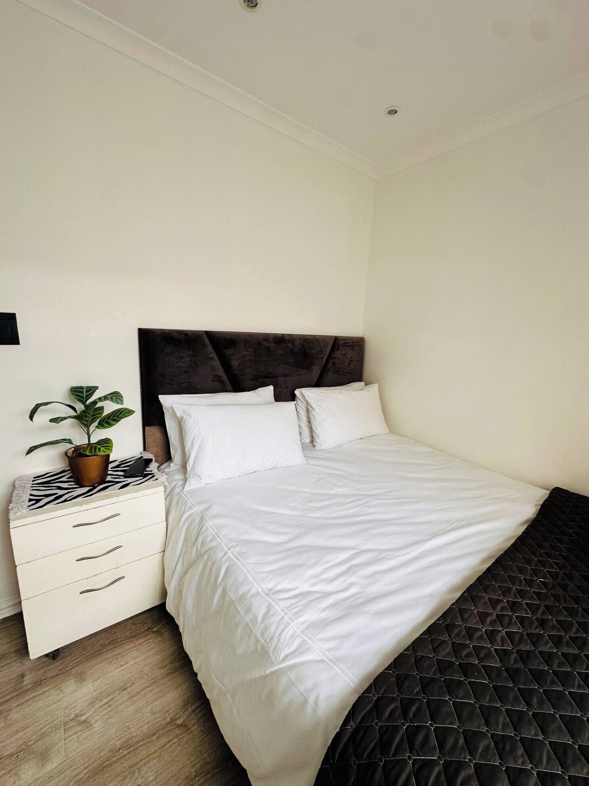 Une chambre à coucher avec un lit, une table de chevet, une plante en pot et une commode.