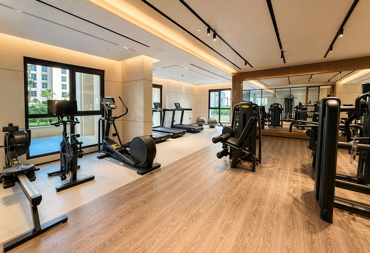 Ein Fitnessstudio mit Laufbändern, Krafttrainingsgeräten und einem großen Spiegel.