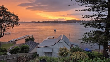 A residential area with a view of a body of water, a dock, and a house with a sloped roof.