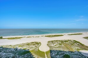 A beach with sand dunes and sparse vegetation. - Majestic Gulf Views Condo w/ Balcony (Clearwater)