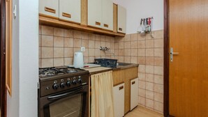 A compact kitchen with a gas stove, oven, and a coffee maker. - Stunning apartment in Zukve (Zukve)