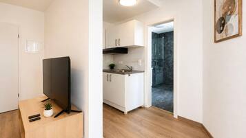 A compact living space with a kitchenette, a television on a wooden table, and a shower area.
