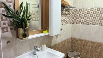 A bathroom with a sink, mirror, towel rack, potted plant, and a trash bin.