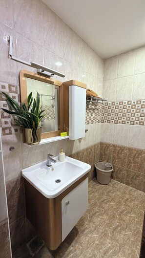 Un bagno con lavandino, specchio, portasciugamani, pianta in vaso e cestino.