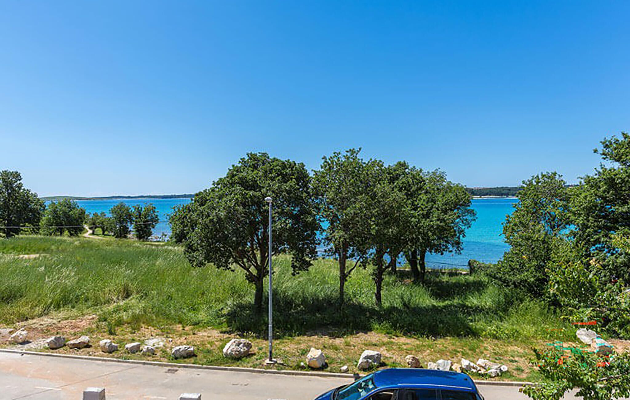 A coastal road with a clear blue sky, trees, and a body of water in the distance.