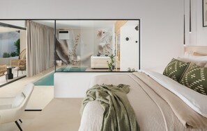 Ein modernes Schlafzimmer mit einem großen Bett, einem Nachttisch, einer grünen Tagesdecke und Blick auf einen Pool sowie eine Außenlounge.
