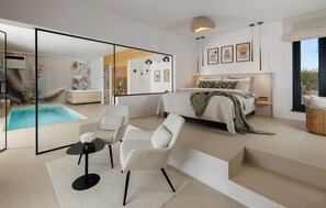 A modern bedroom with a large bed, a bedside table, a nightstand, a window with a view, and a bathroom with a bathtub. - Stunning home in Zupanici with sauna (Zupanici)