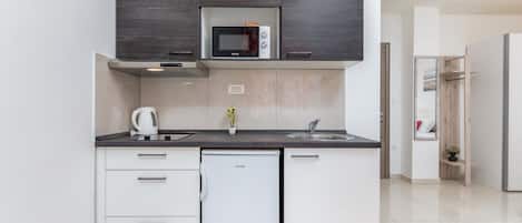 Fridge, microwave, stovetop, cookware/dishes/utensils