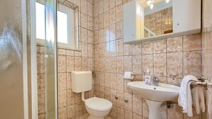 A bathroom with a toilet, sink, and glass shower enclosure. - Amazing apartment in Pula with WiFi (Pula)