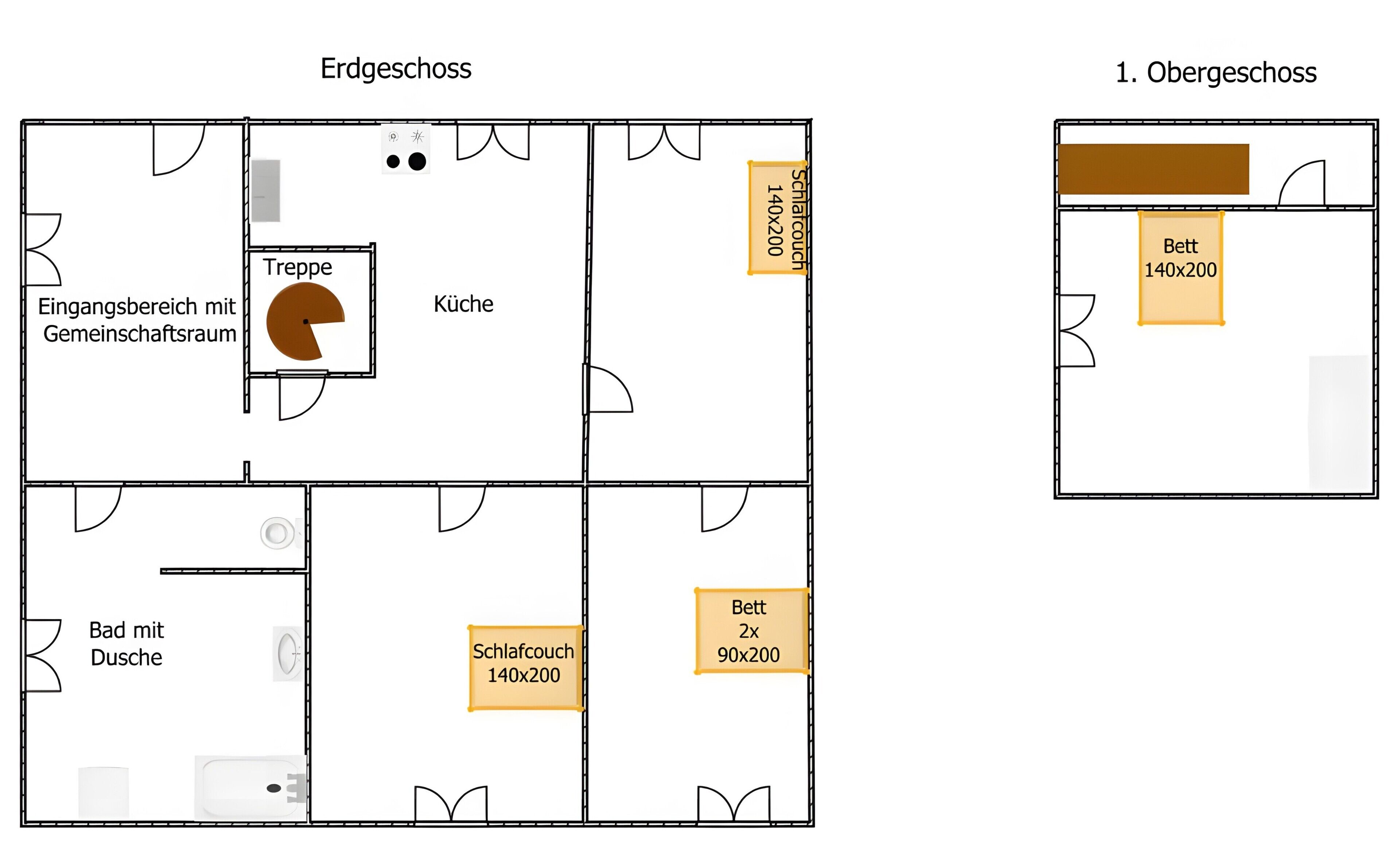 Grundriss eines Hotels mit Küche, Bad, Wohnzimmer und Schlafzimmer.