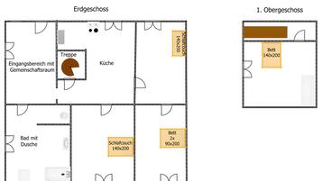 Een plattegrond van een hotelkamer met een keuken, een badkamer, een woonkamer en een slaapkamer.