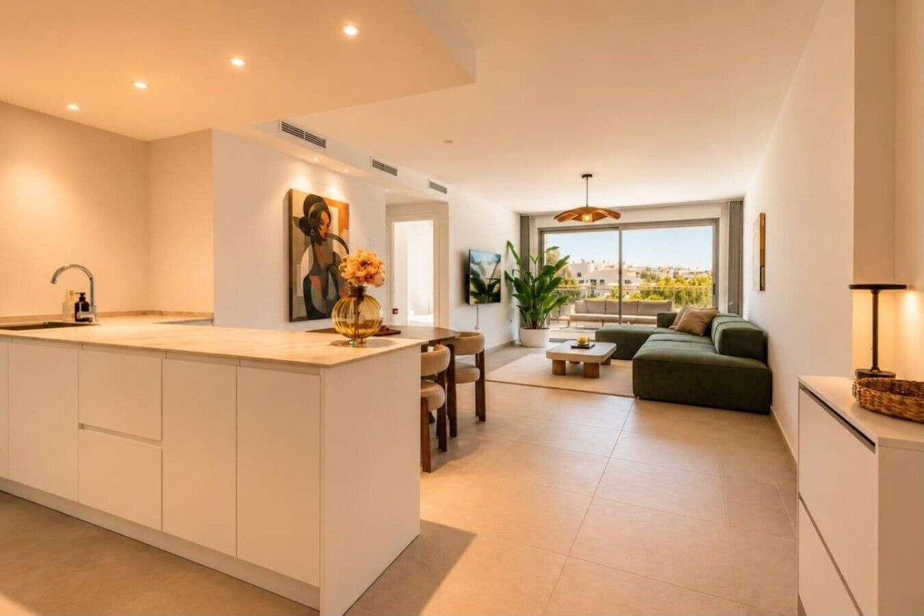 Een modern appartement met keuken, eethoek en zithoek.