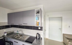 A modern kitchen with grey cabinets, a black countertop, a kettle, and a shelf with cleaning supplies. - Amazing apartment in Novi Vinodolski with WiFi (Novi Vinodolski)