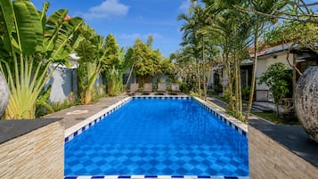 A rectangular swimming pool with a blue checkered pattern, surrounded by tropical plants and a stone wall.