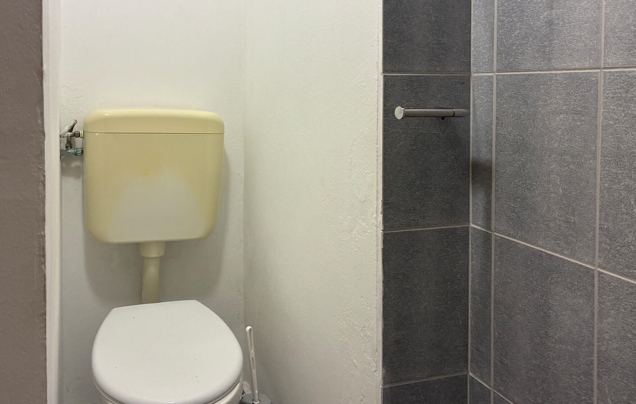 A toilet with a white seat and tank, a metal flush handle, and a wall with dark grey tiles.