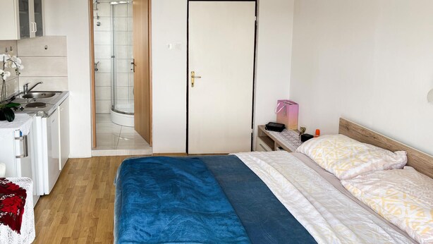 A bedroom with a bed, a bedside table, a desk, a chair, a shower area, and a wardrobe. - Nice apartment in Rab with WiFi (Rab)