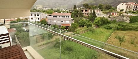 Un balcón con baranda de cristal que da a una zona residencial con casas y vegetación.