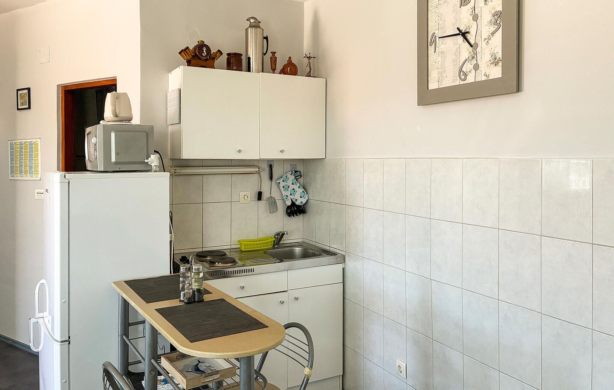 Frigorífico, microondas, placa de cocina y utensilios de cocina