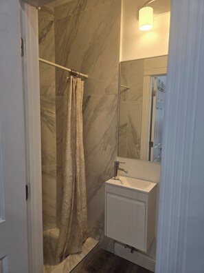 Une salle de bain avec une douche, un lavabo et un miroir.