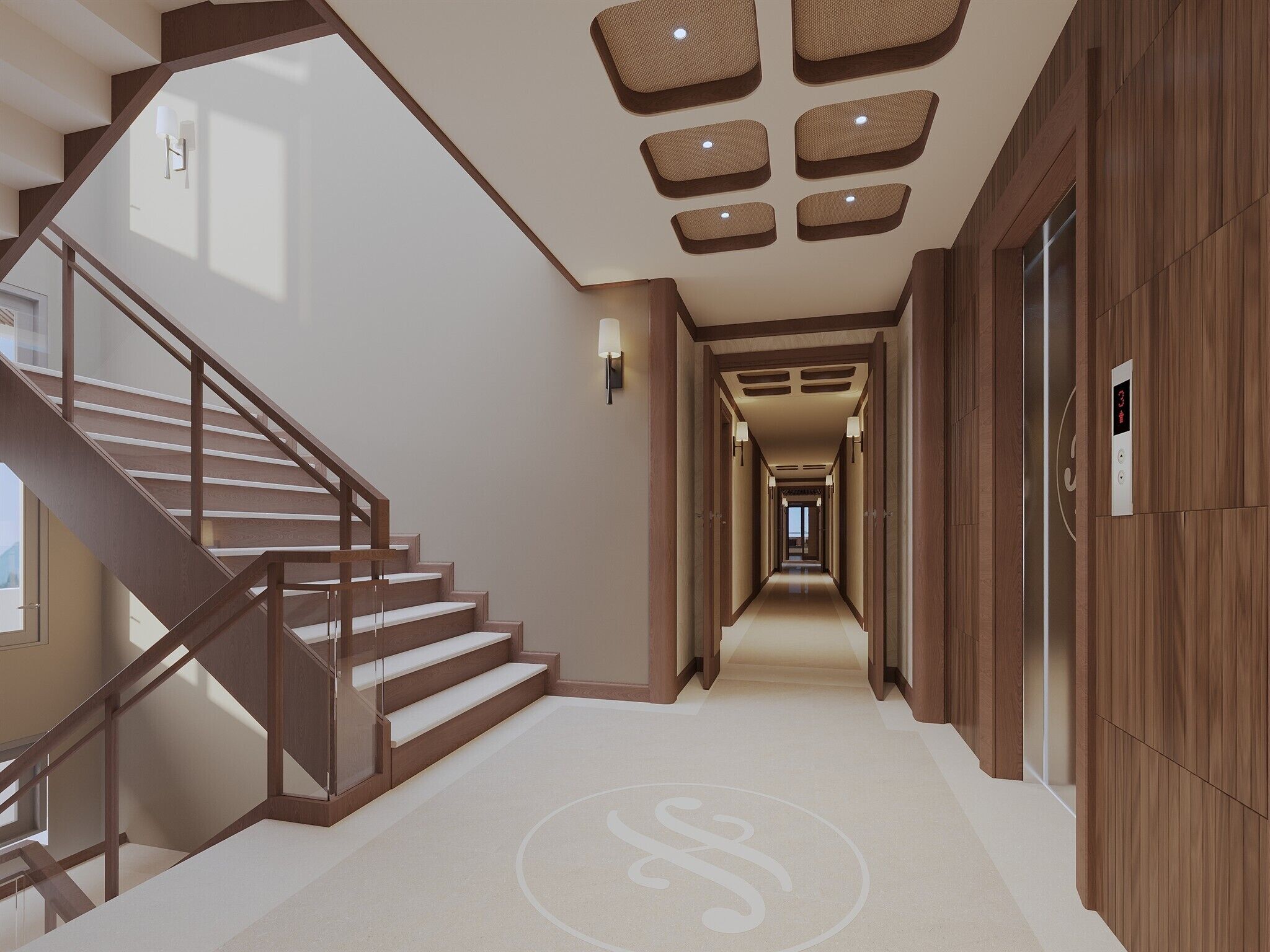 A modern hotel hallway with a wooden staircase, a central light fixture, and a long corridor leading to a door.