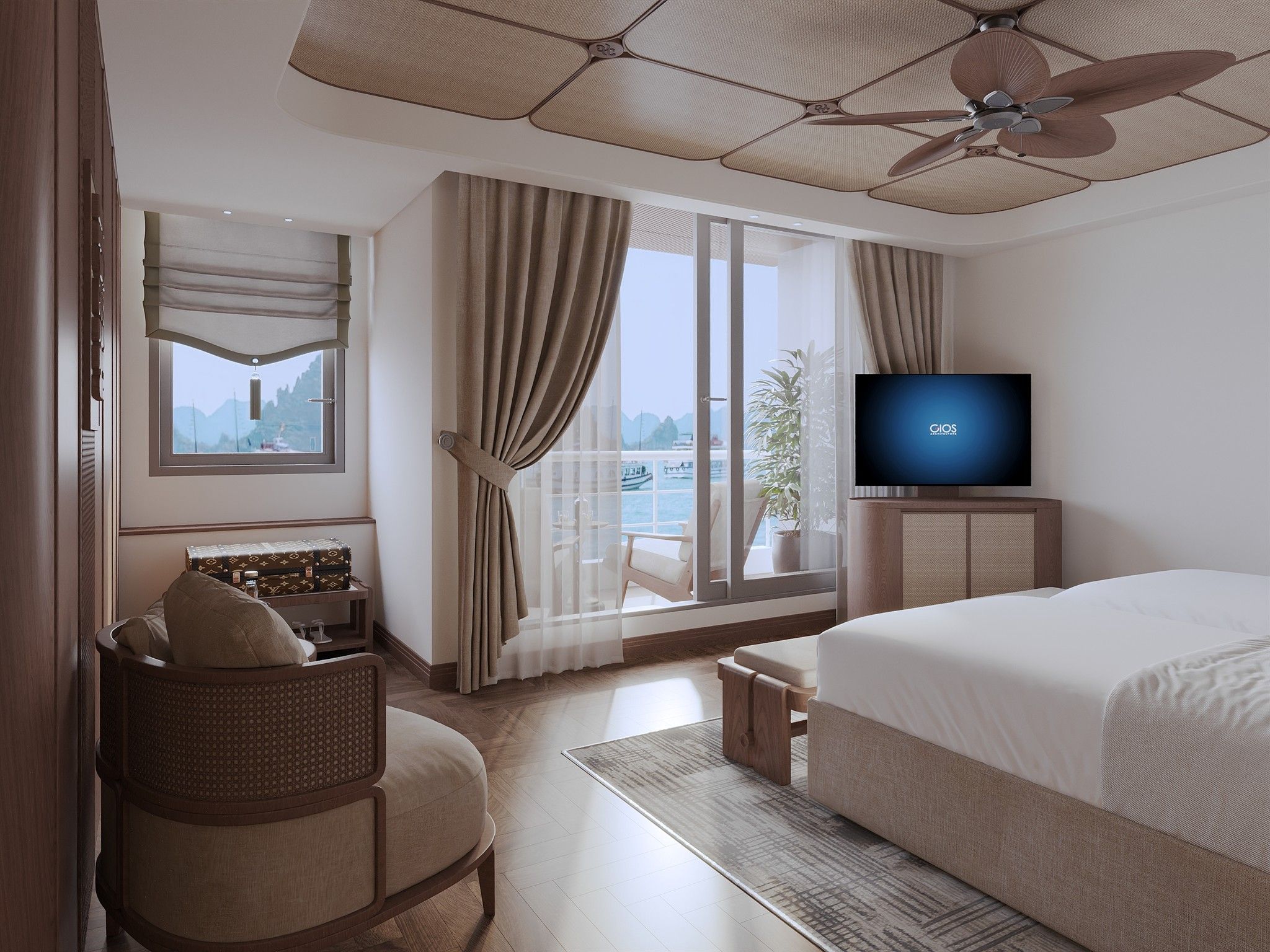 A hotel room with a bed, a television, a seating area with a chair, a window with curtains, and a ceiling fan.