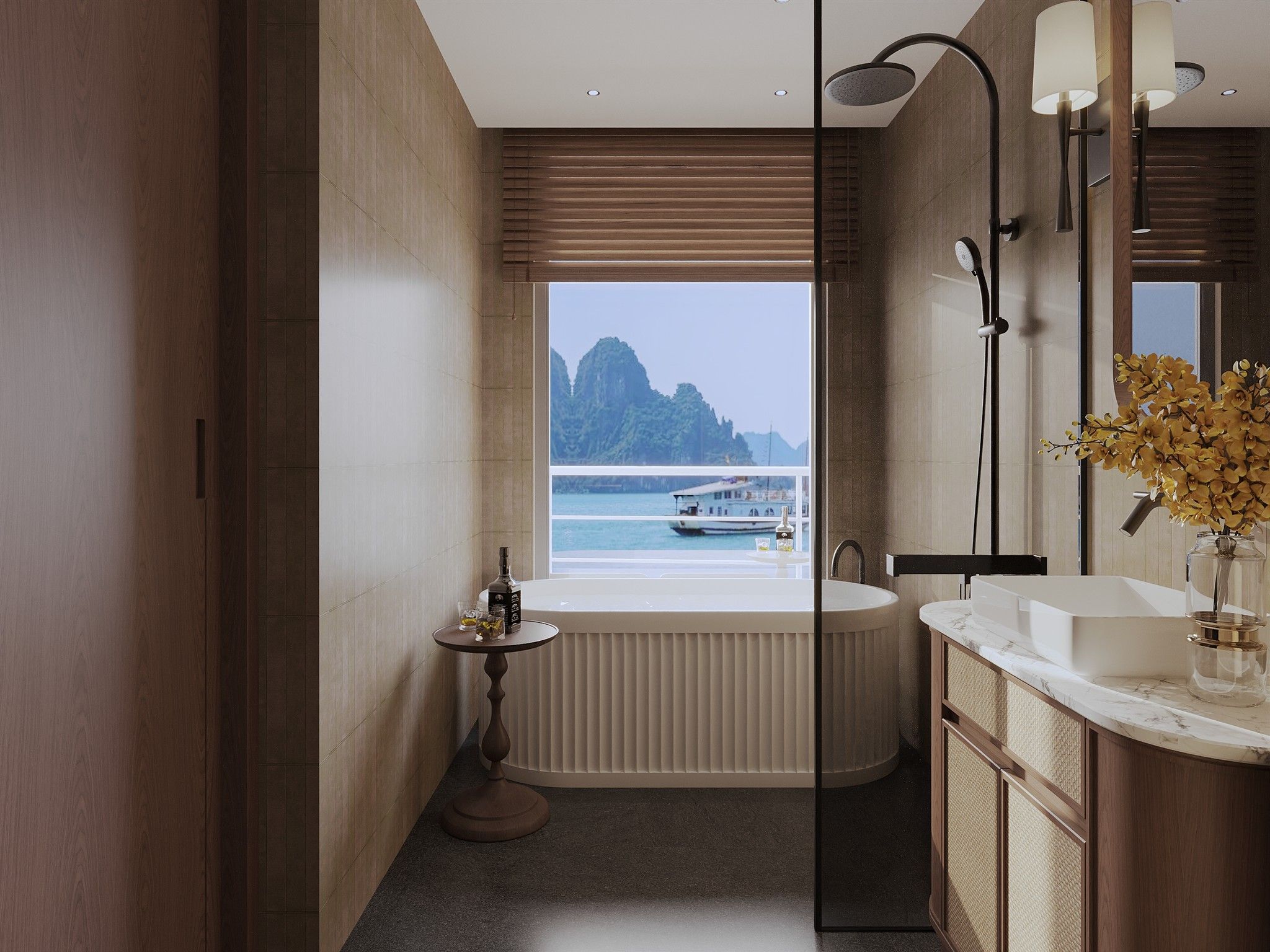 Un baño moderno con bañera, un espejo grande y vista a un barco en el agua.