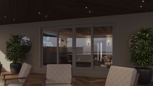 Un intérieur moderne avec des sièges, une grande fenêtre et une enseigne bien visible indiquant « Harmony Boutique ».