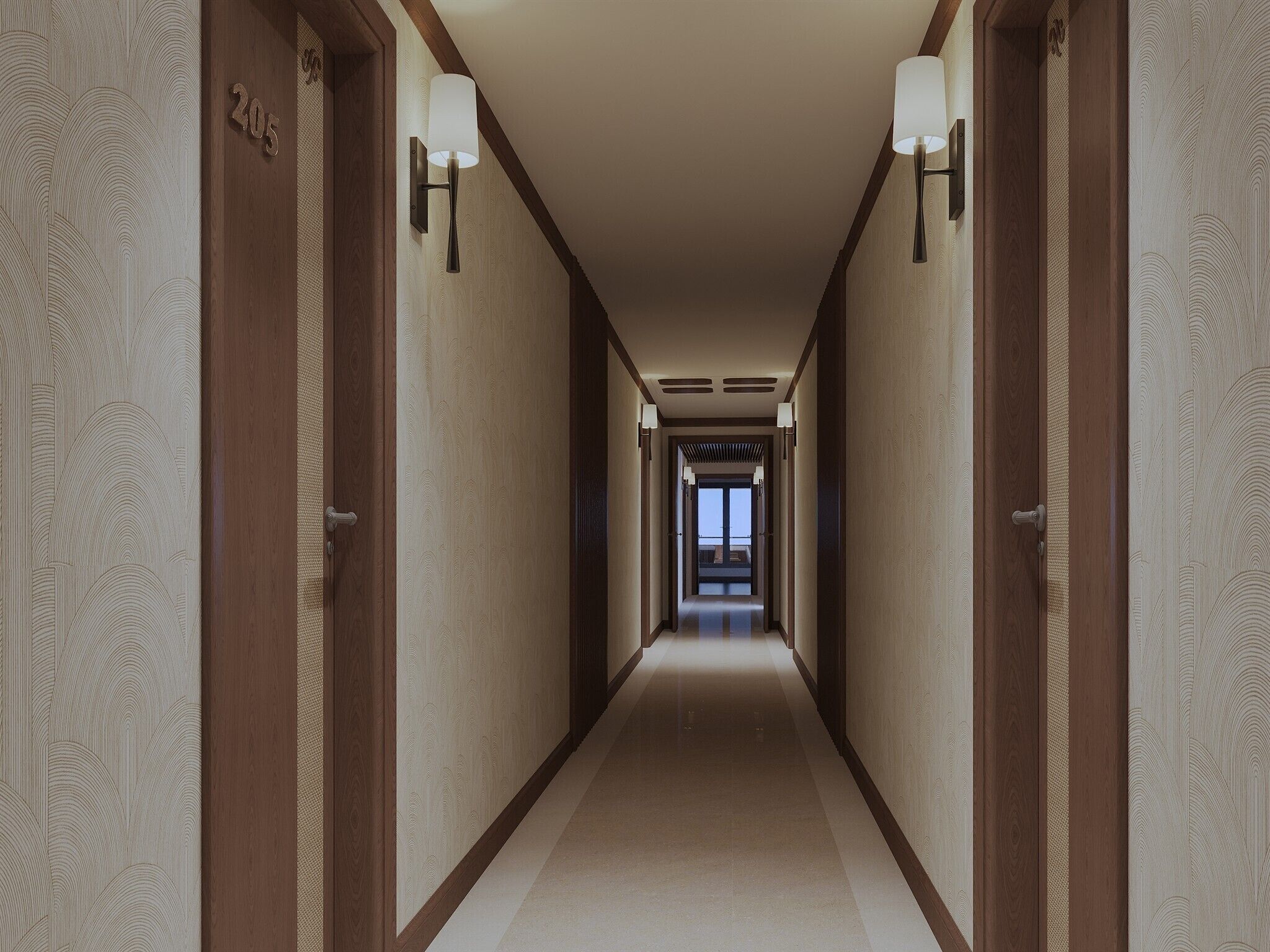A hotel hallway with wooden doors, numbered room signs, and wall-mounted lamps.