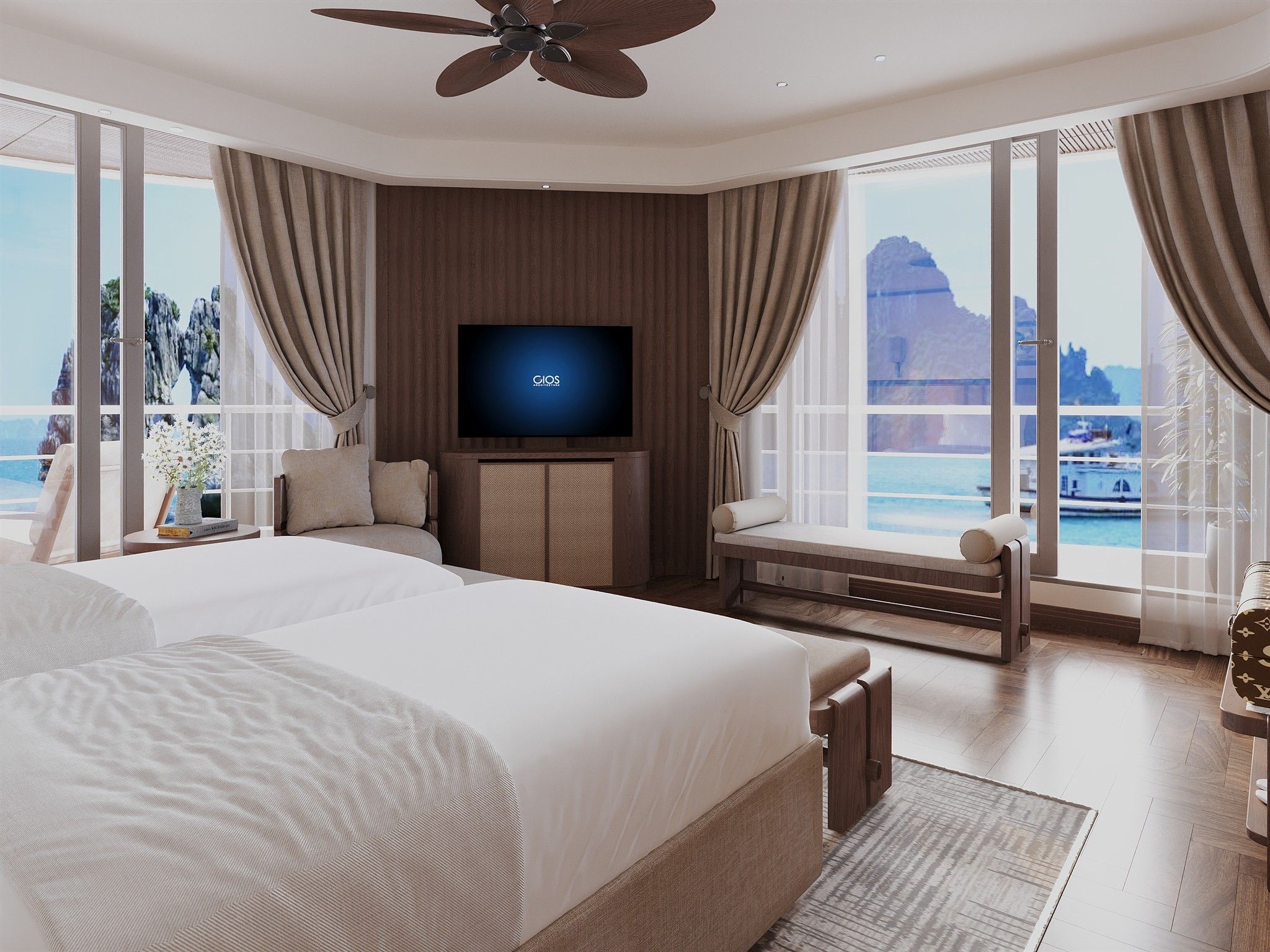 A modern hotel room with a large bed, a flat-screen TV, and a balcony with a view of the sea.