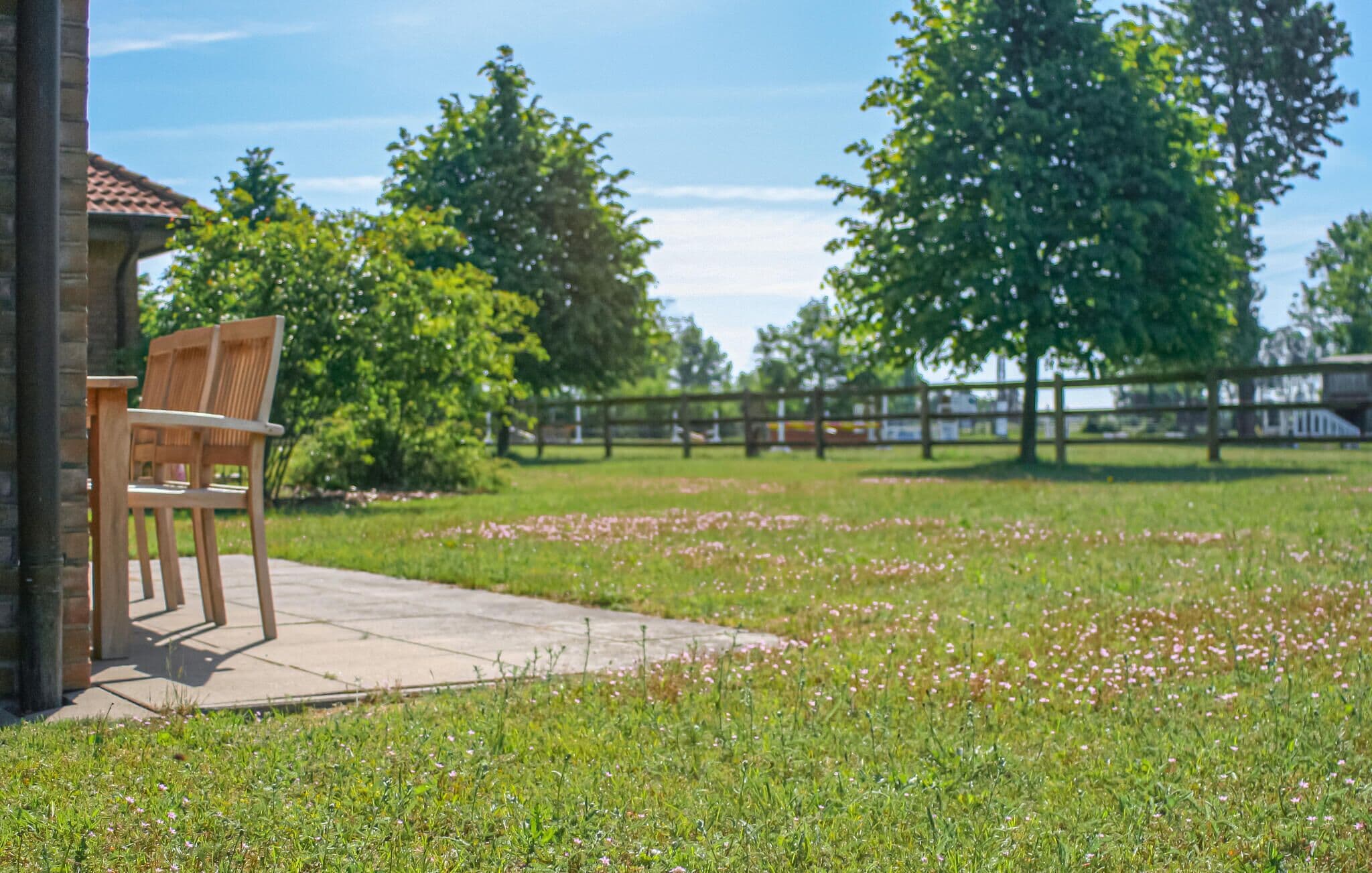 A park with a wooden bench, a paved walkway, and a fence.