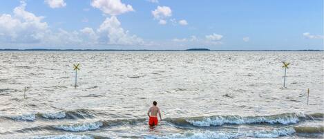 Une plage avec des vagues, une personne portant un short rouge et deux bouées jaunes dans l’eau.