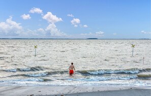 A beach with waves, a person in red shorts, and two yellow markers in the water. - Nice apartment in Niebüll with WiFi (Niebüll)